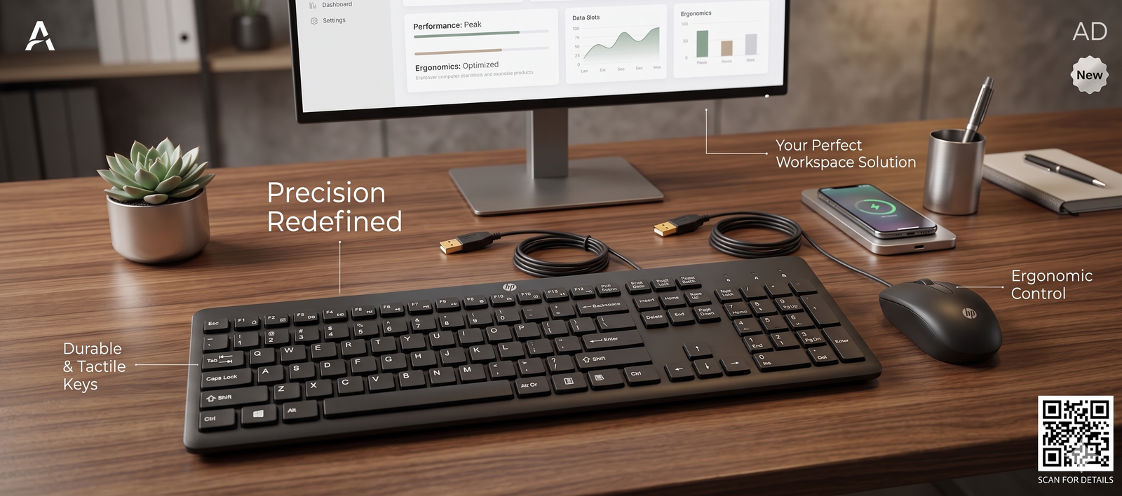  HP 150 Wired Mouse and Keyboard Wired USB Standard Multi-device Keyboard Compatible with Desktop, Laptop, Mac 1600 DPI Mouse, 12 fn keyboard shortcuts  - Black (Refurbished)