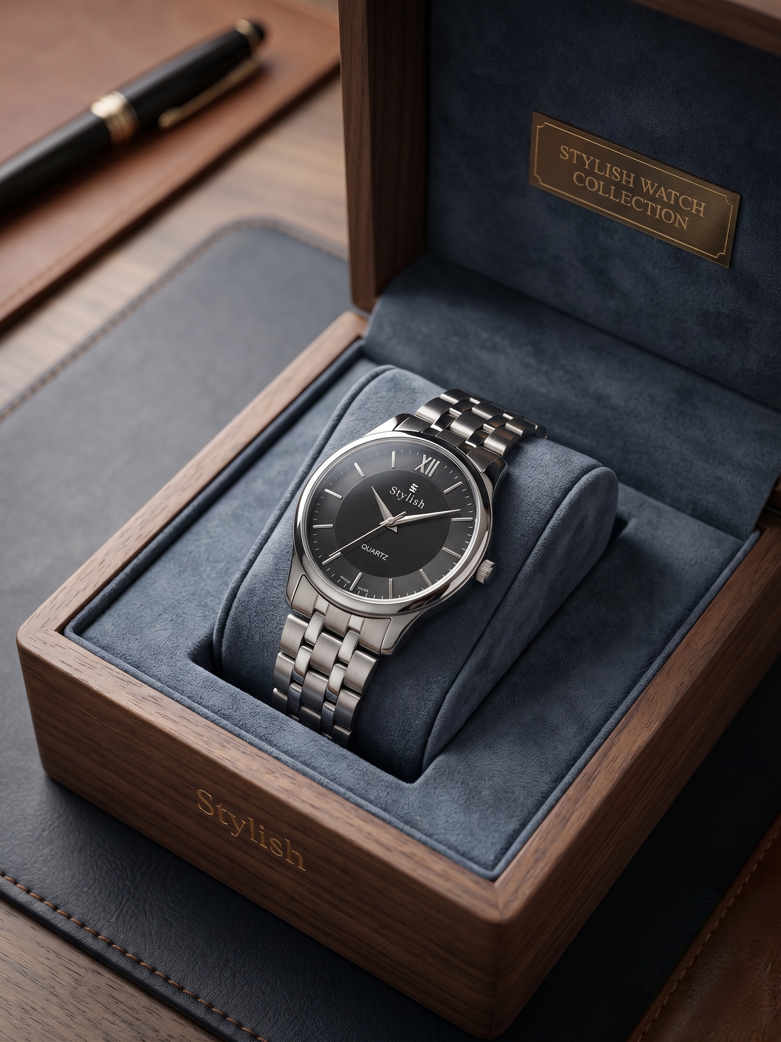 Srylish 'S' Classic Black Dial Silver Stainless Steel Quartz Watch for Men  - Silver (Second Hand)