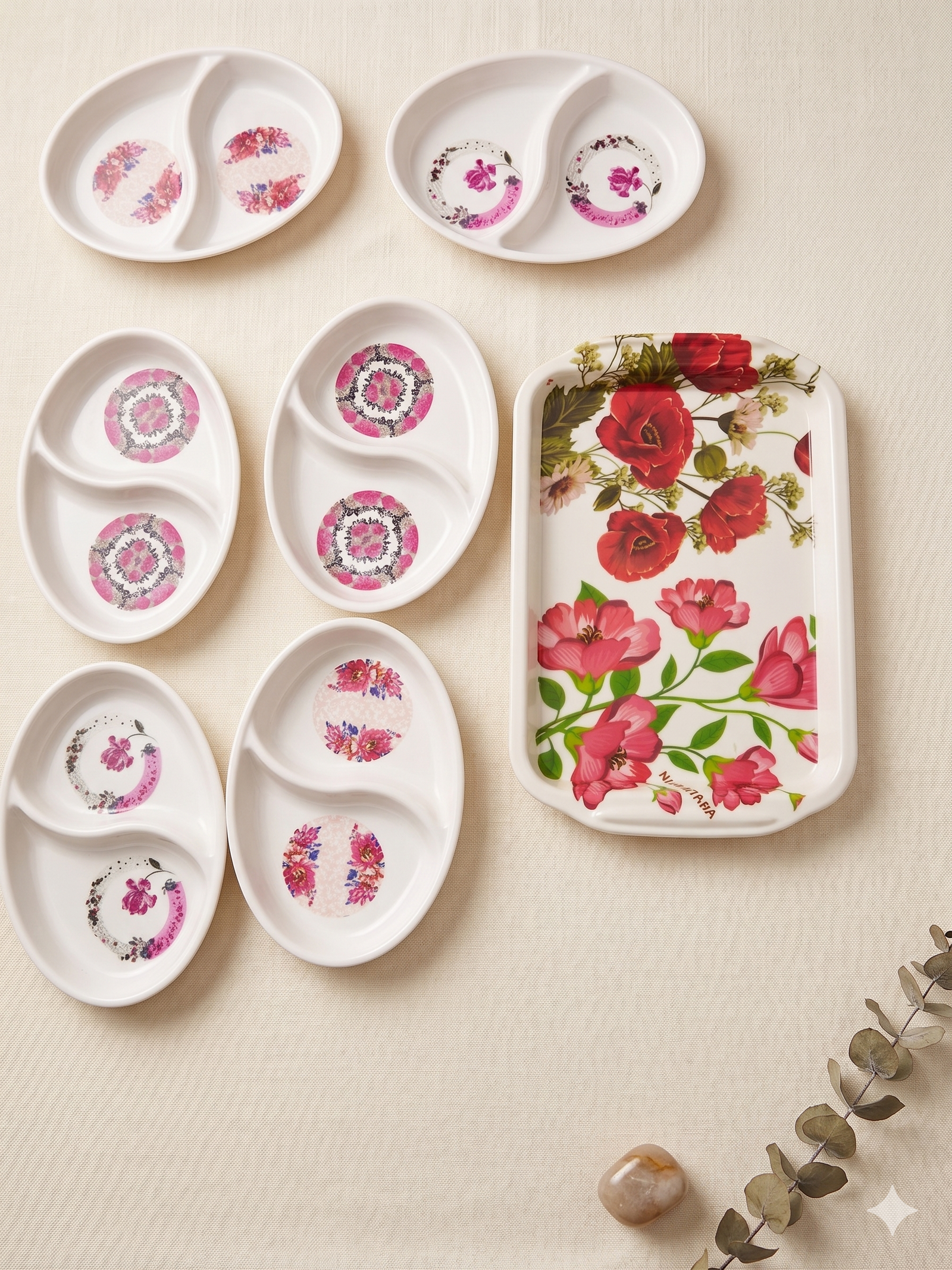 Nayantara Premium Melamine Floral Serving Set – 1 Large Serving Tray with 6 Stylish Partition Platters  - White (New)