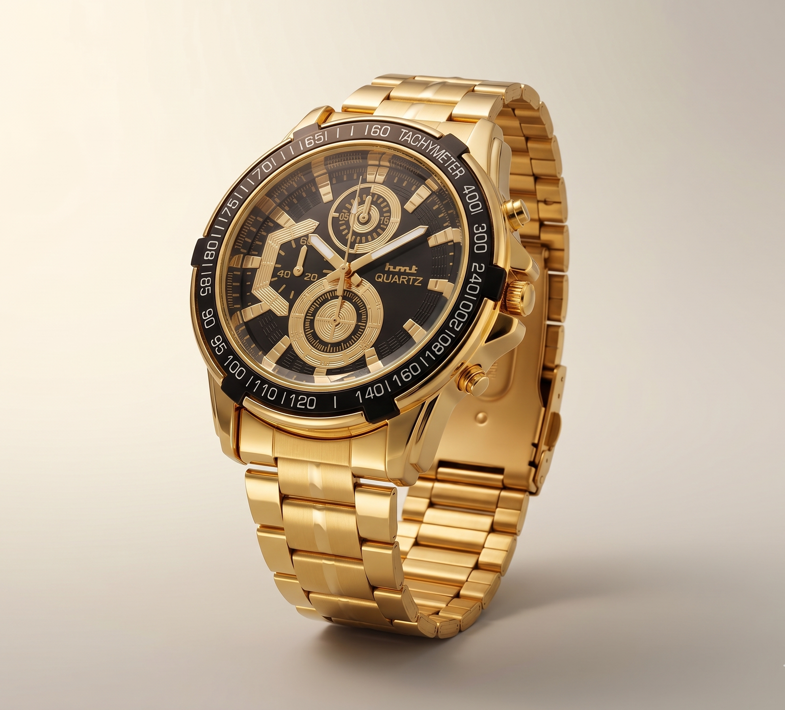 Premium HMT Quartz Gold-Toned Chronograph-Look Men's Analog Watch – Stylish Metal Strap Fashion Accessory