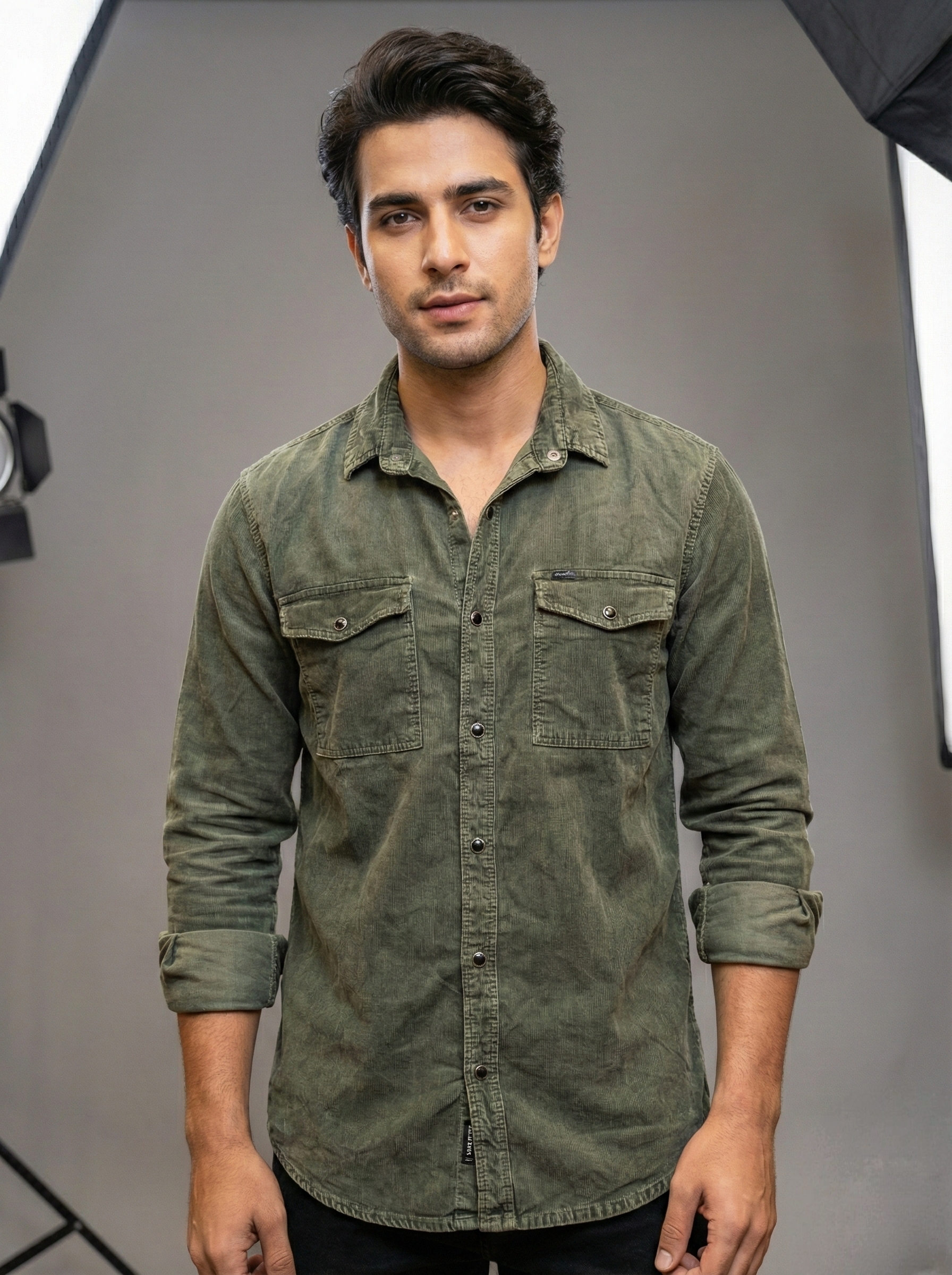 Accuracy Men's Vintage Wash Olive Green Corduroy Slim Shirt - #08721d